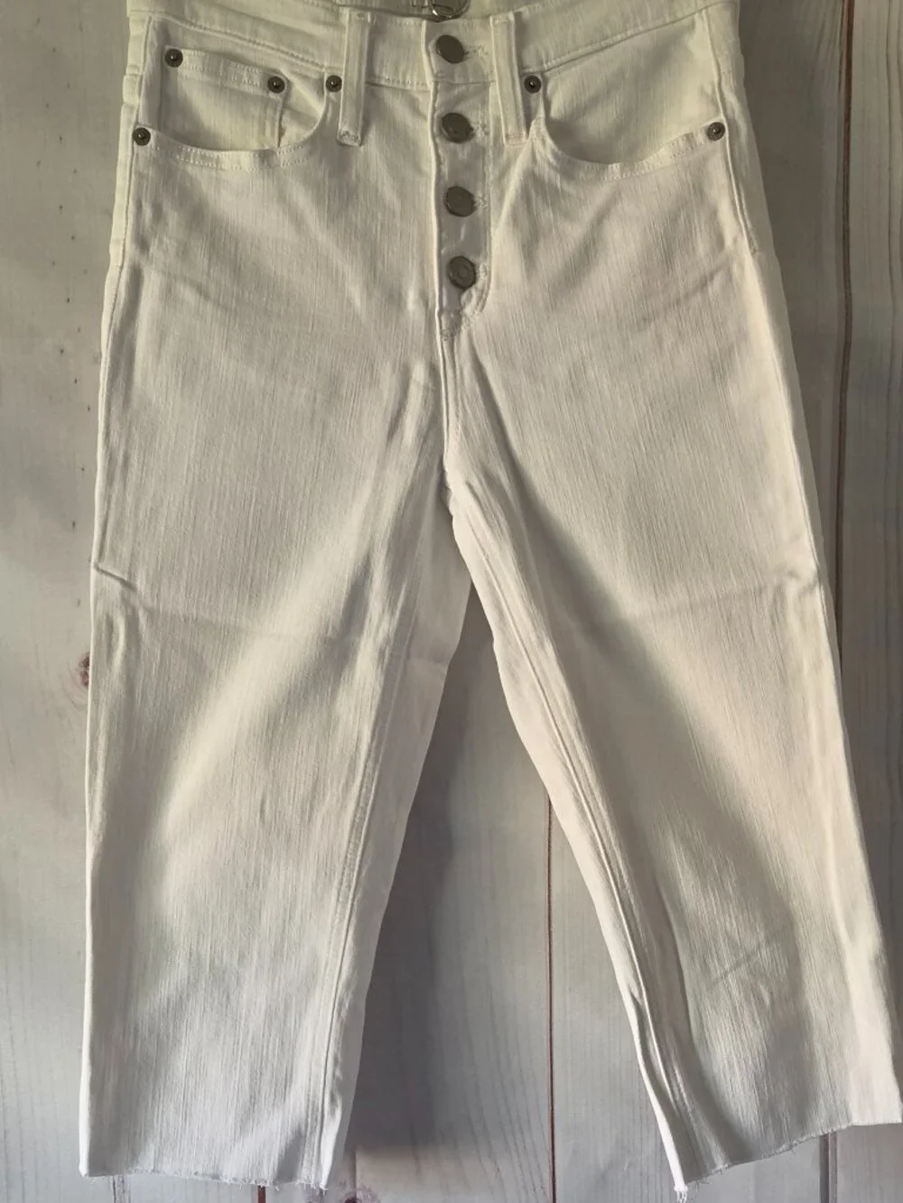 J. Crew High-Rise White Denim Jeans Women’s 26, exposed button fly closure, crop